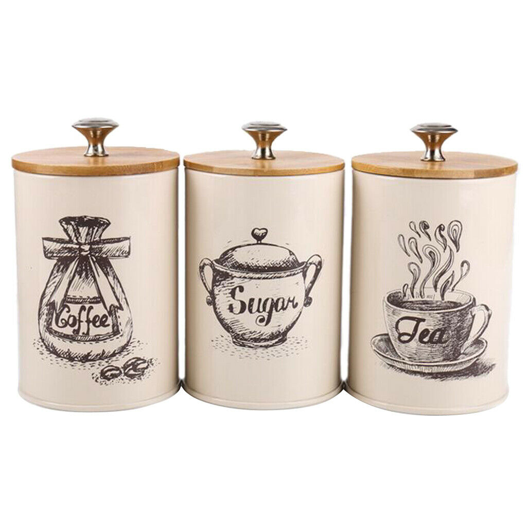 3-pack Retro Tea Coffee Sugar Canister Kitchen Storage Jar Pot Tins w/ Lids