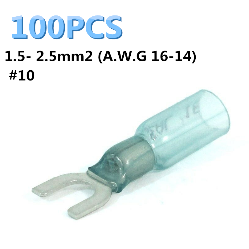 100 Heat Shrink Spade Fork Terminal Connector Blue 16-14 GA AWG Gauge #10 Stud