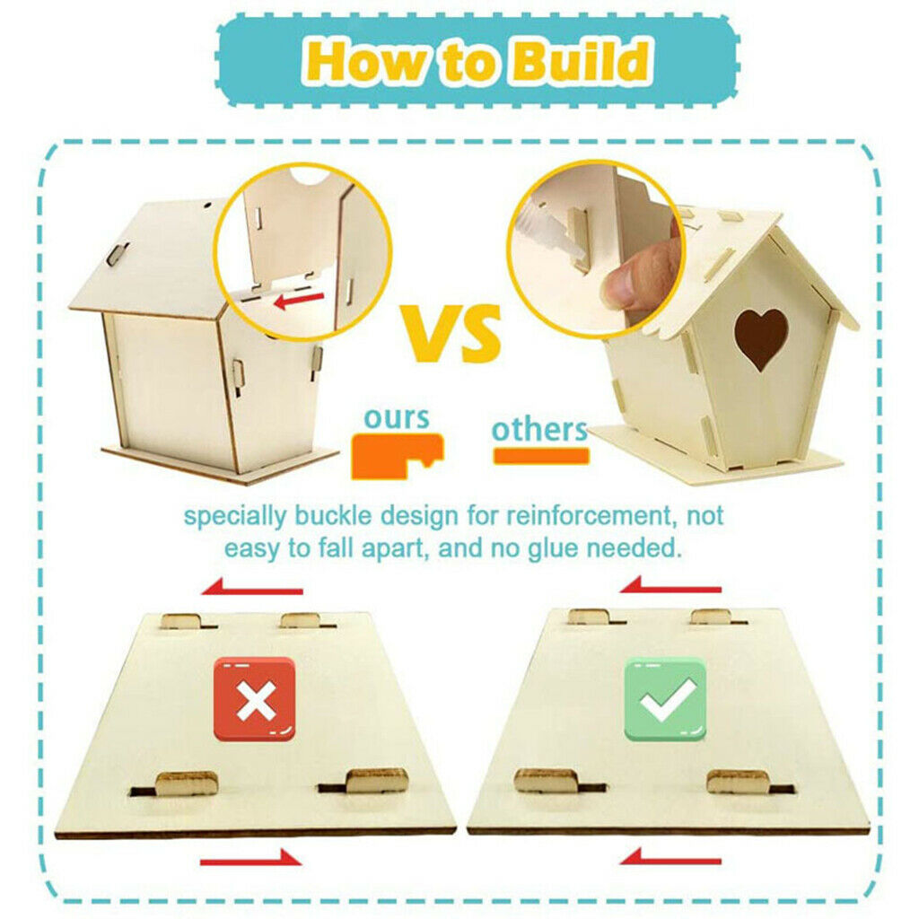 2x DIY Bird House Kit Puzzle Build Paint Hanging Wooden Birdhouse Brush Set