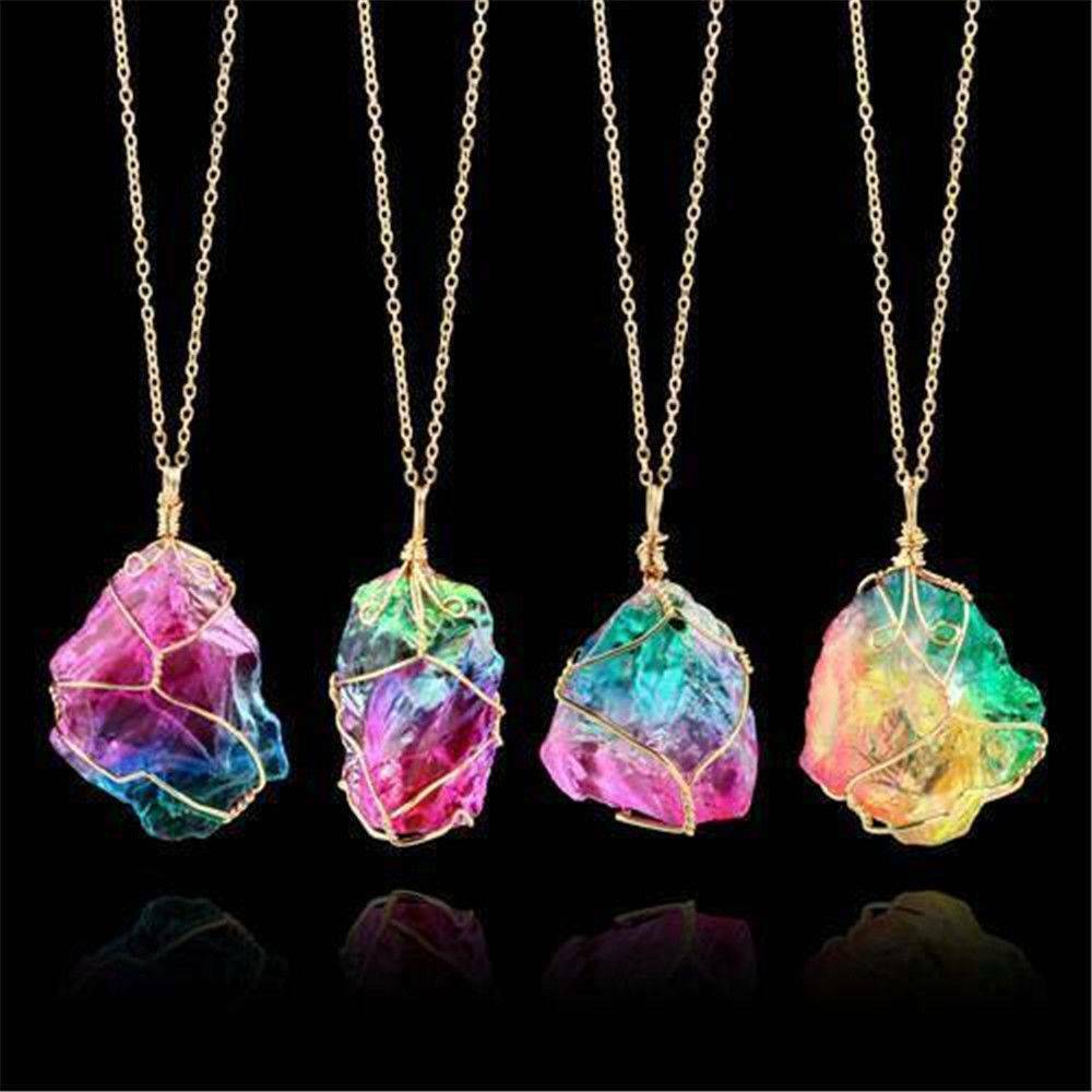 Rock Chakra Natural Crystal Necklace Irregular Rainbow Stone Pendant Jewelry AU