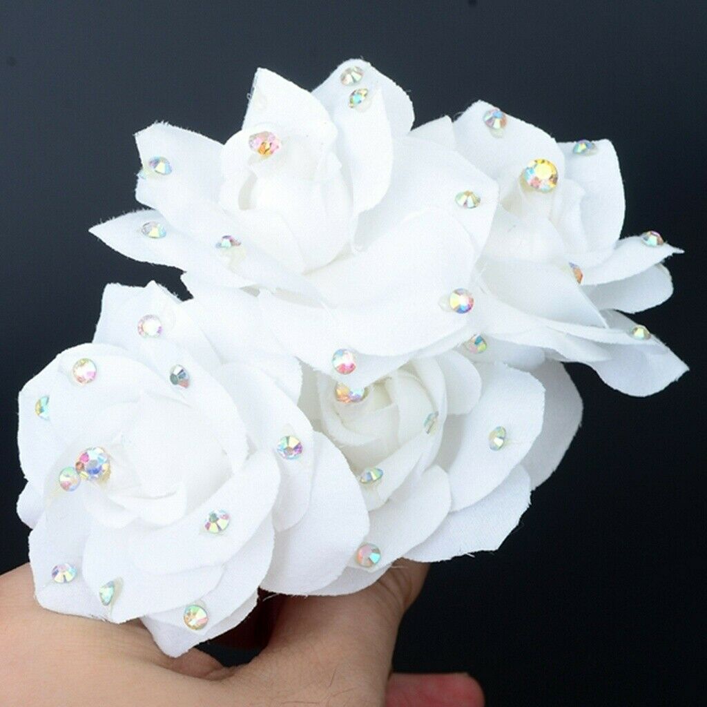 Women Hair Clips 10pcs White Rose Cloth Crystal U-shaped Hair Pin Barrette Party