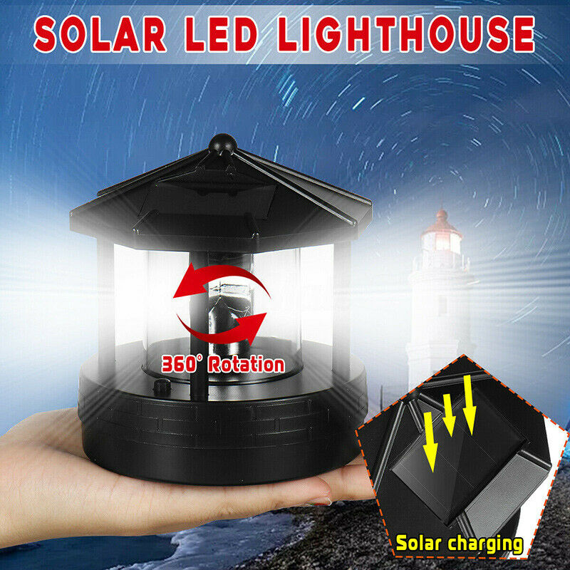Solar Garden Ornament LED Powered Lighthouse Rotating Light House Outdoor Lamp