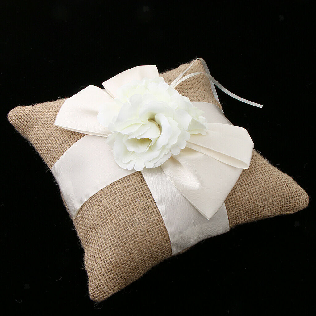 Beige Flower Wedding  Cushion Carrier Cushion - Burlap - Rustic Country