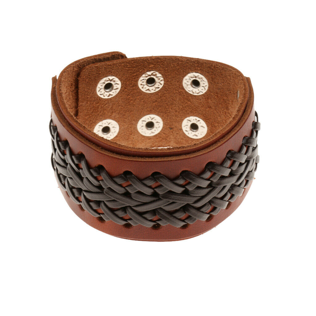 Brown Punk Braided Mens Wide Leather Wristband Snap Buttons Bangle Bracelet