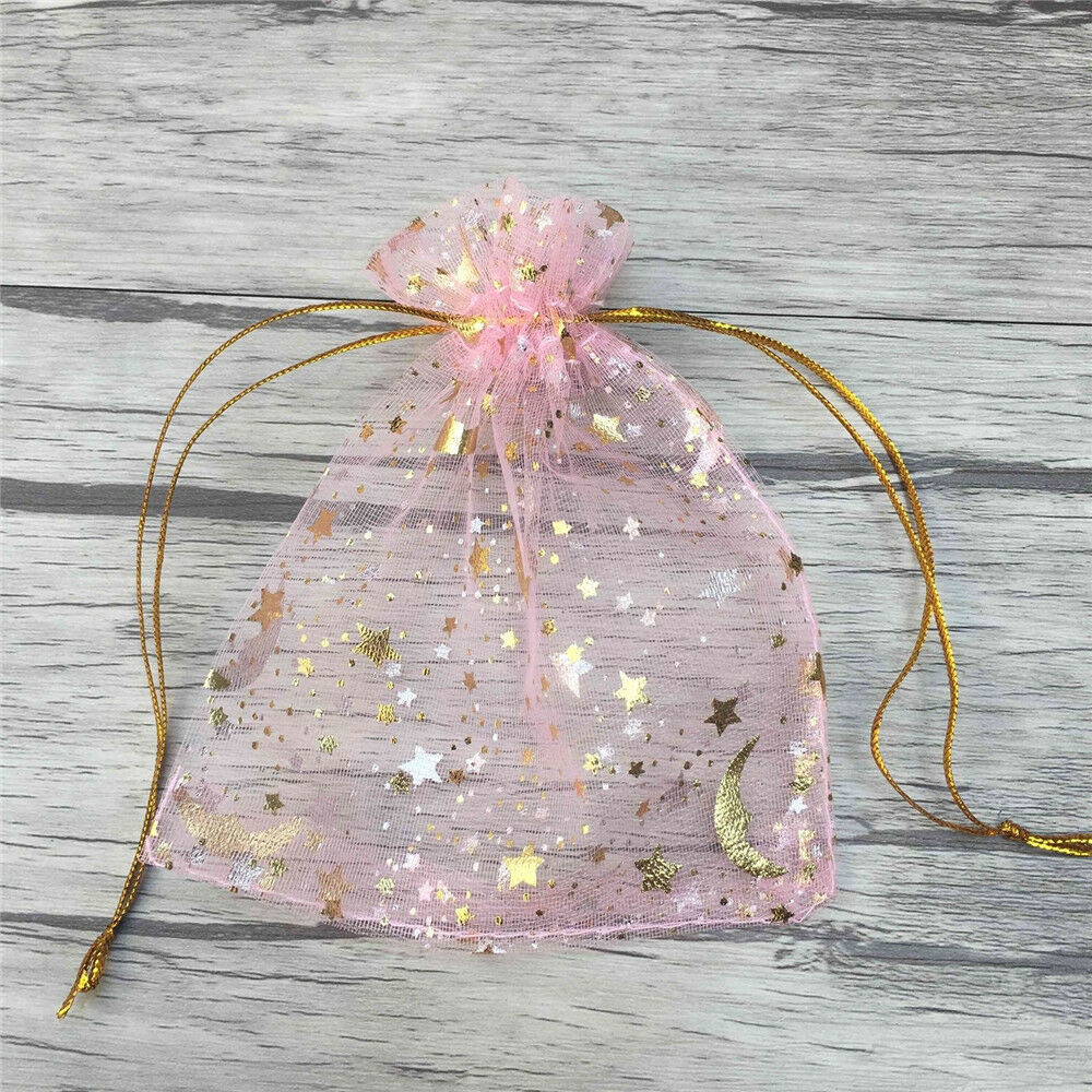 100Pcs Star Moon Organza Gift Bags Drawstring Party Wedding Jewelry Pouches Bags
