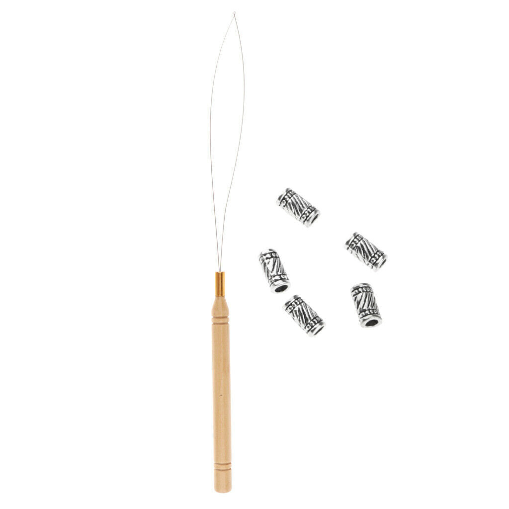 5Pcs Hair Braid Bead Hair Extensions Decoration + Wire Pulling Hook Tool 03