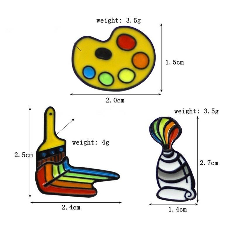 3PCS RAINBOW ENAMEL PAINTER'S PALETTE BRUSHES BROOCHES PINS ARTIST GIFT JEWELRY