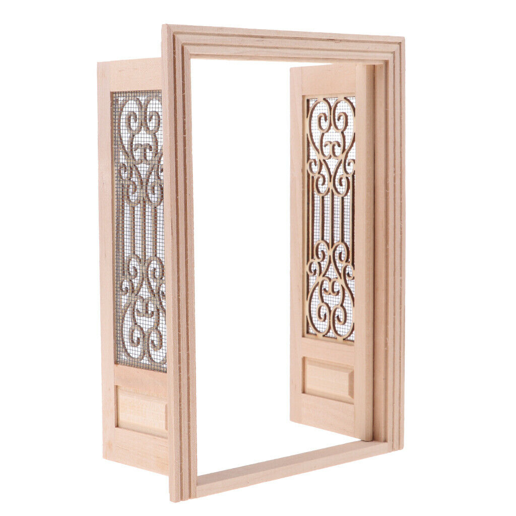 12th Mini DIY Unpainted Hollow Screen External Wooden Double Door Accs