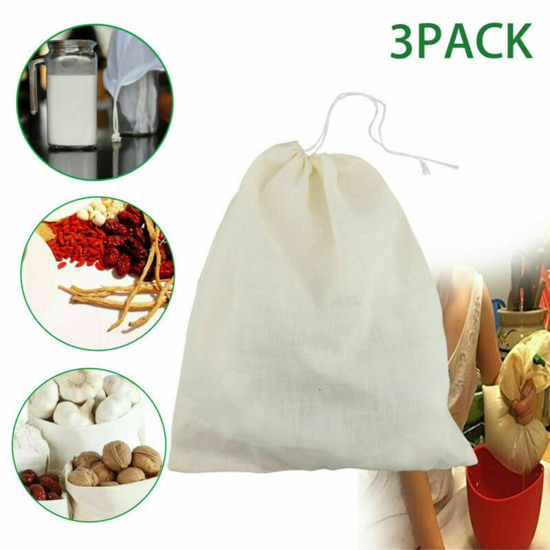 3x Organic Cotton Nut Milk Bag Reusable Food Strainer Brew Coffee Cheese Cloth !