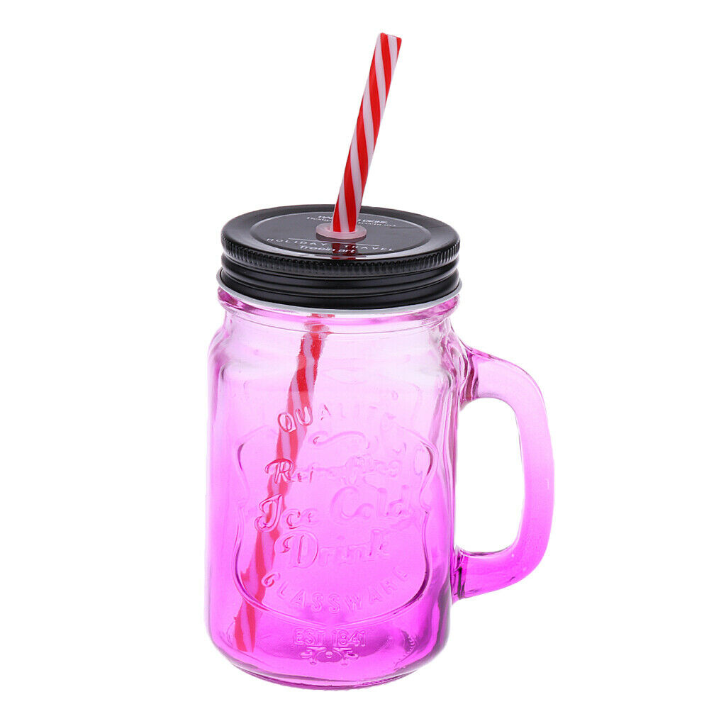 2Pcs/Set Retro Gradient Color Jars Mugs Glass w/ Handles Lids & Straws Gifts
