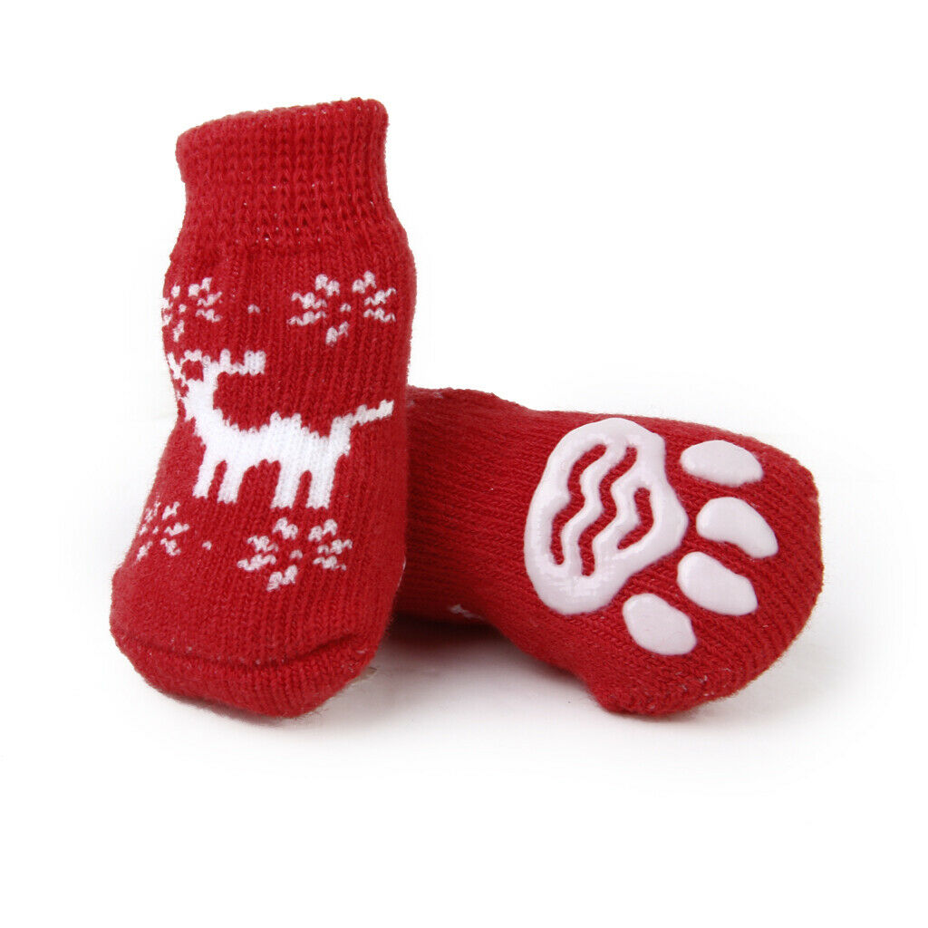 Christmas Reindeer Pet Dog Puppy Cat Non-Slip Socks with Paw Prints Size S