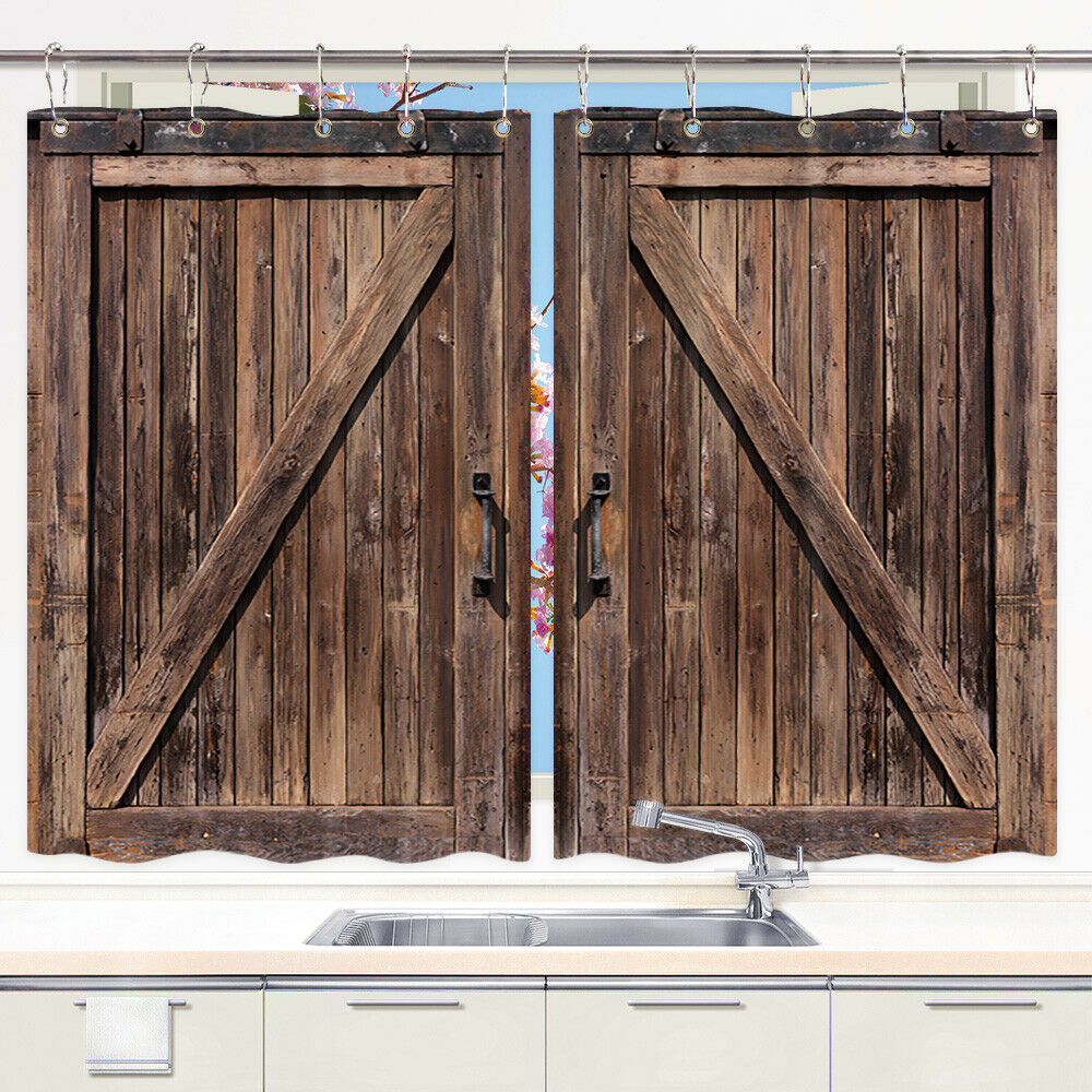 Rustic Wood Barn Door Window Curtain Treatments Kitchen Curtains 2 Panels 55X63"