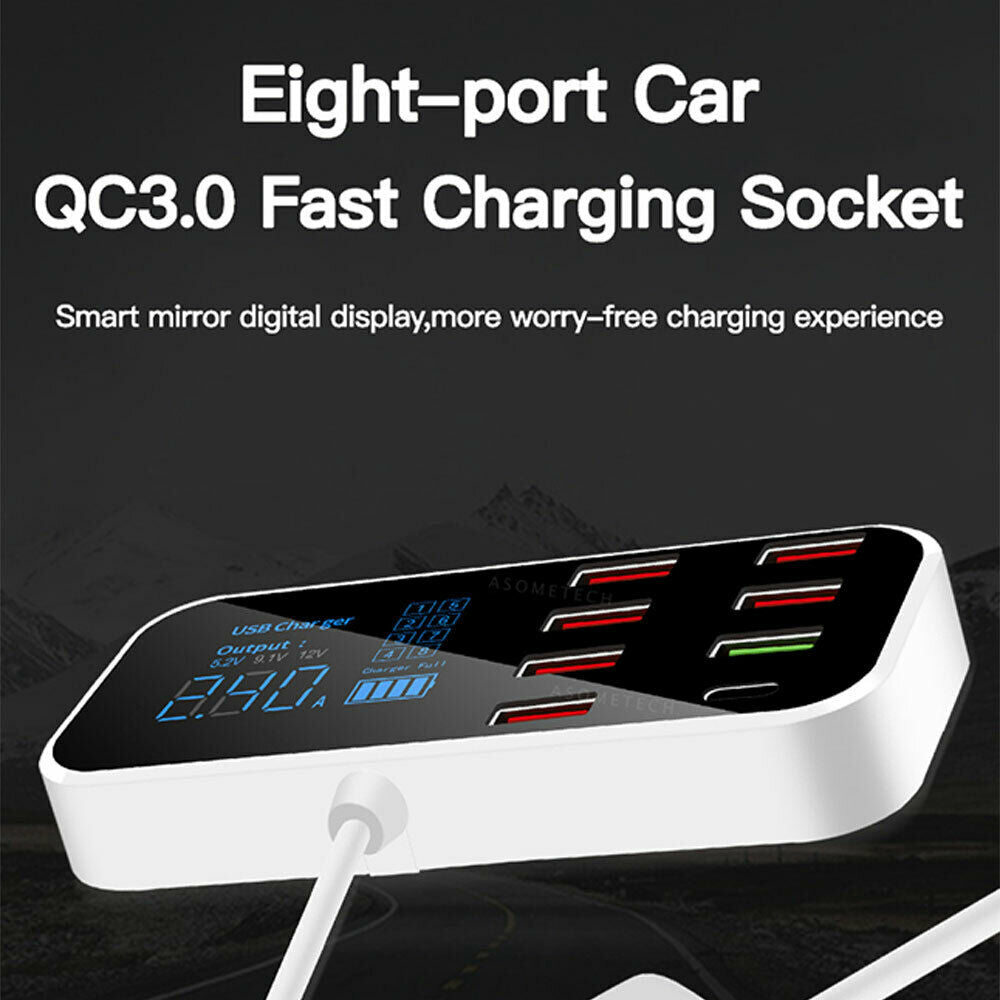 8-port 40W Fast Charging 3.0 USB Car Charger LCD Adapter for IOS Android System