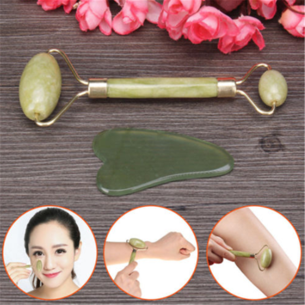 Natural Guasha Facial Jade Roller Face Thin+Body Gua Sha Board Massager Tool ~