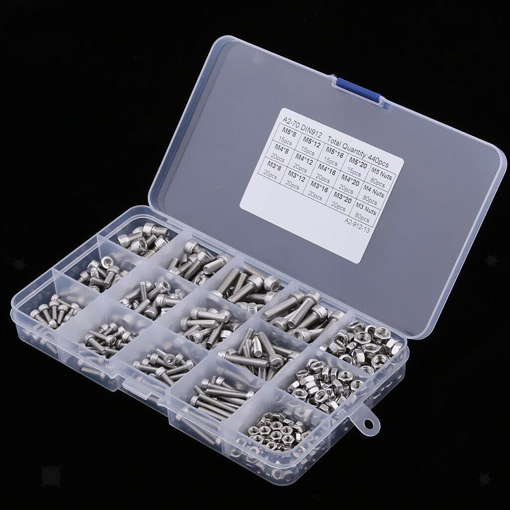 440pcs M3 M4 M5 Stainless Steel Hex Head Socket   Screws Nuts Assortment