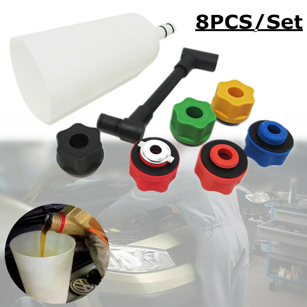 8Pcs/Set  Engine Oil Funnel Kit Filling Cooling System Repair Filler 6 Adapters