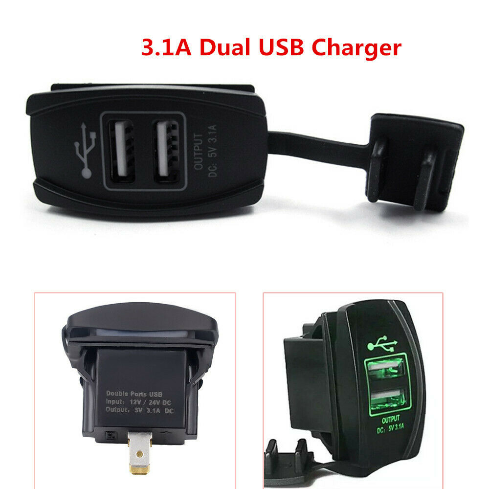 Universal 3.1A Dual USB Charger Voltmeter Rocker Push Switch Car Boat Green LED