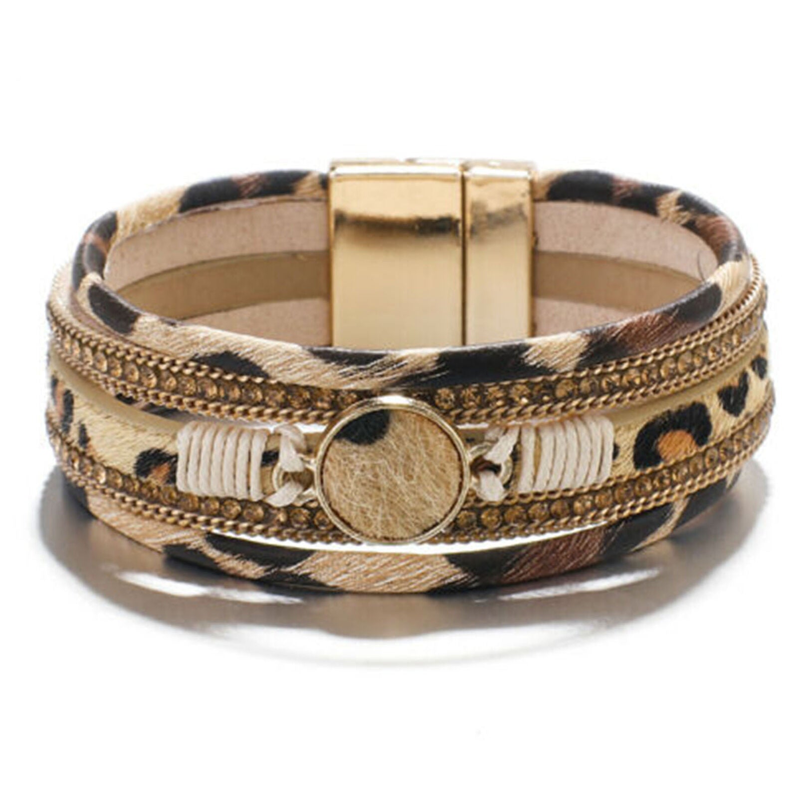 Leopard Grain Fur Chain Multi-layer Leather Wrap Bracelet Charm Bangle For Women