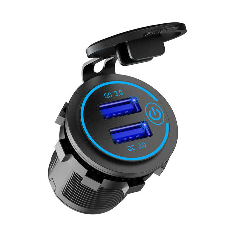QC3.0 Fast Charging Car Motorcycle Touch Switch Charger Socket Dual USB Port Kit