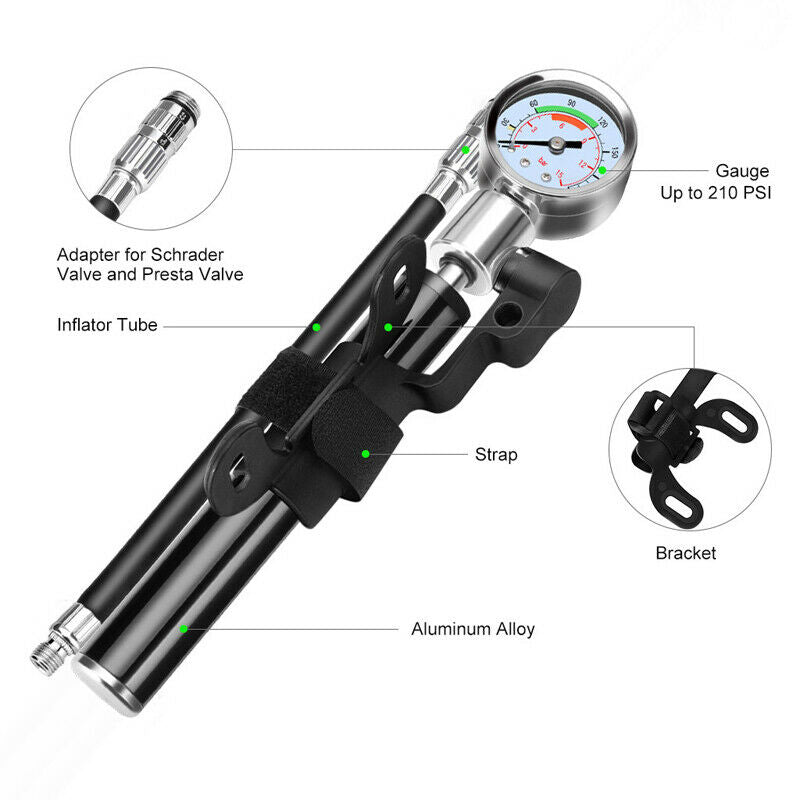 Portable Bicycle Cycling High Pressure Pump Mountain Bike Tool w/ Pressure Gauge