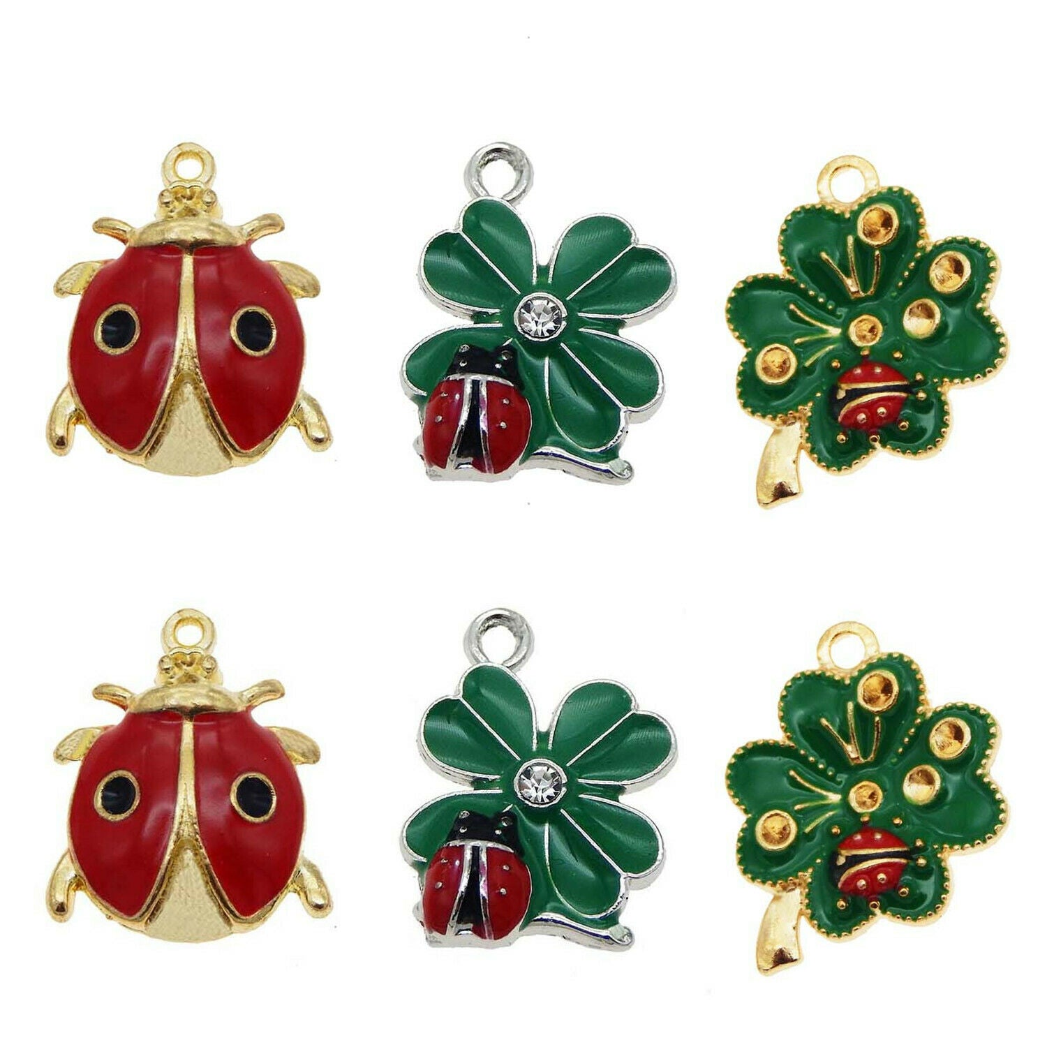 12 pcs Colorful Enamel Alloy Ladybug and Clover Leaf Charm Necklace Pendant