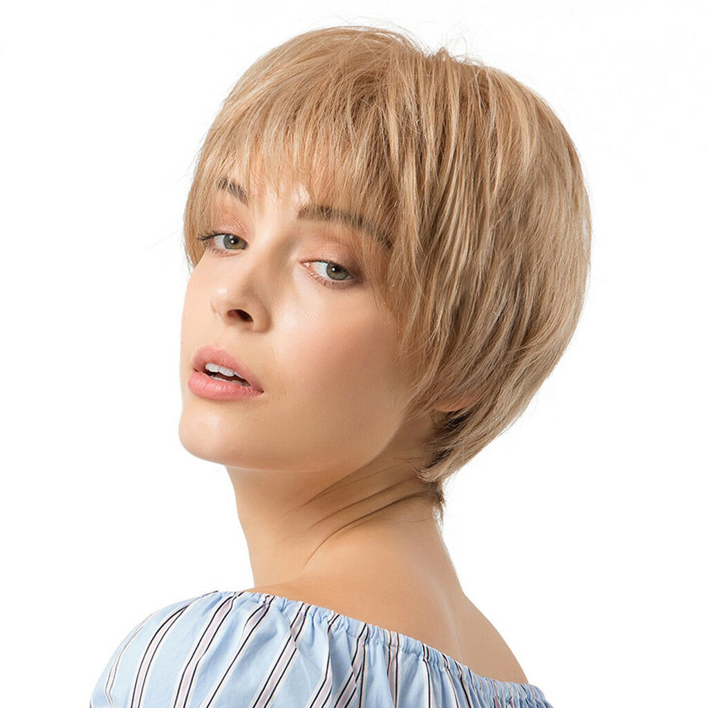 Natural Silky Human Hair Wigs Light Blonde Layered Short Women Wigs Full Wig