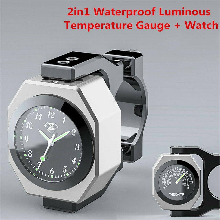 2in1 Waterproof Luminous Motorcycle Handlebar Clock Time Watch+Temperature Gauge