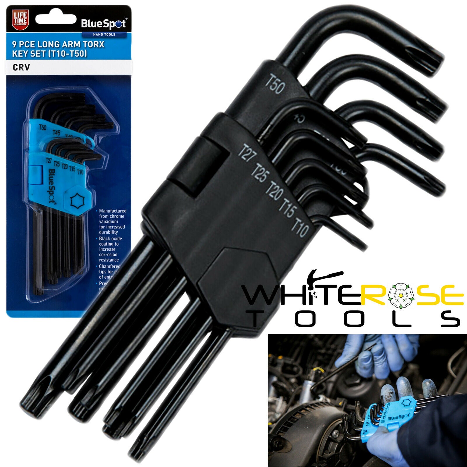 BlueSpot Torx Allen Key Set Long Arm Wrench 9pc T10-T50 Black Oxide Coating TRX