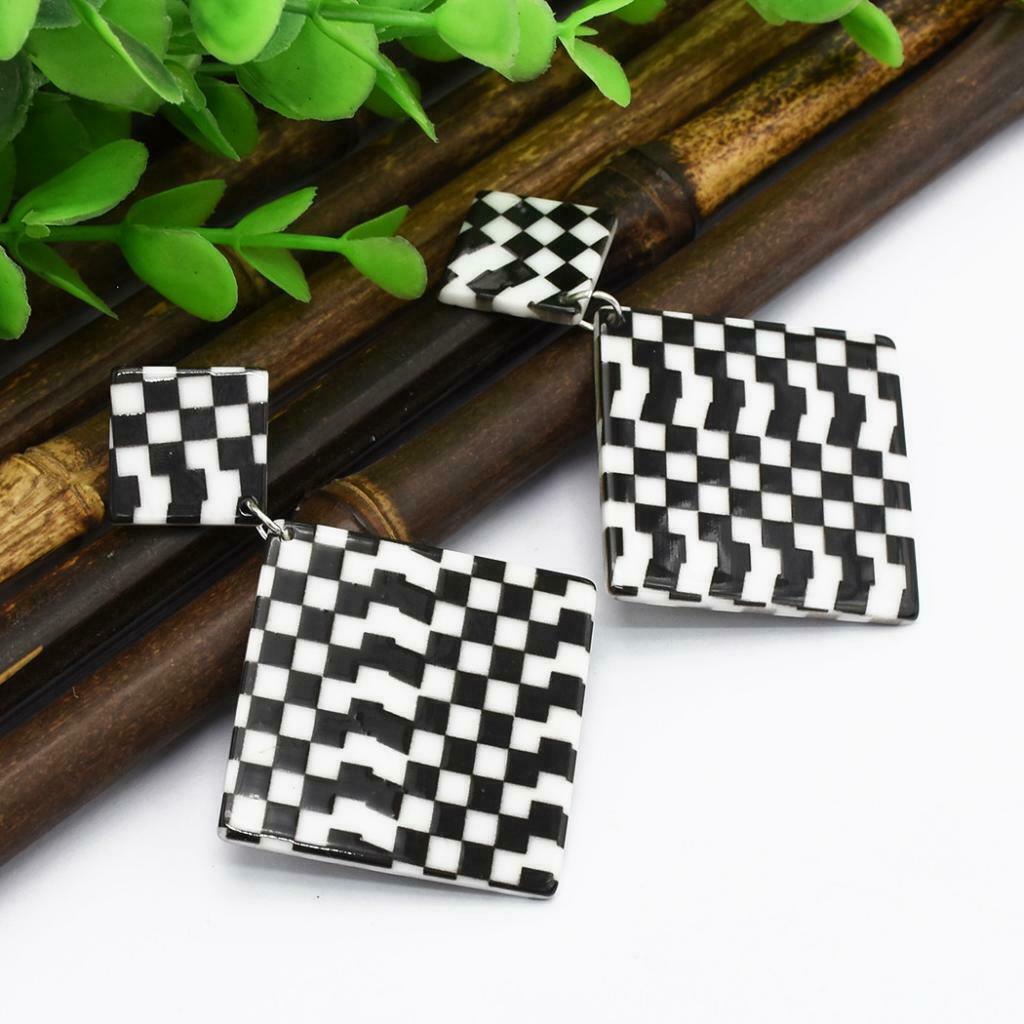Black White Acrylic Geometric Dangle Women Hip Hop Earring Rhombus