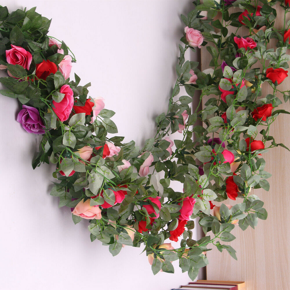2x Artificial Silk Rose Flower Ivy Vine Wedding Party Home Decor Champagne