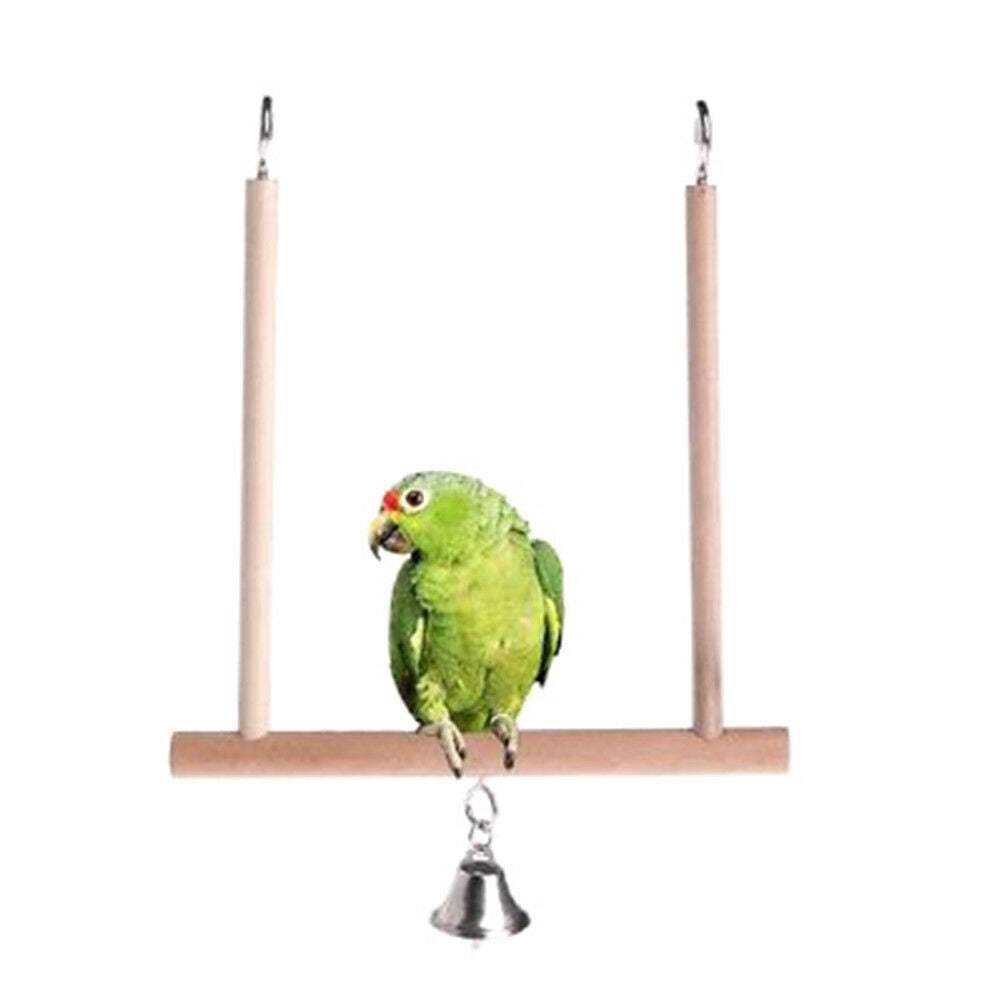Birds Perch Parrot Play Toys Stand Holder natural Wooden Swing Bell Cage H.l8