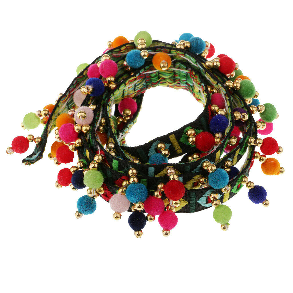 2pcs Pompom Ball Tassel Fringe Trim Jacquard Ribbon Sewing Appliques Crafts