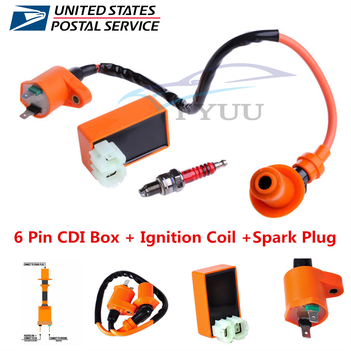 Racing 6 Pin CDI+Ignition Coil+Spark Plug for GY6 50cc 125cc 150cc Moped Scooter
