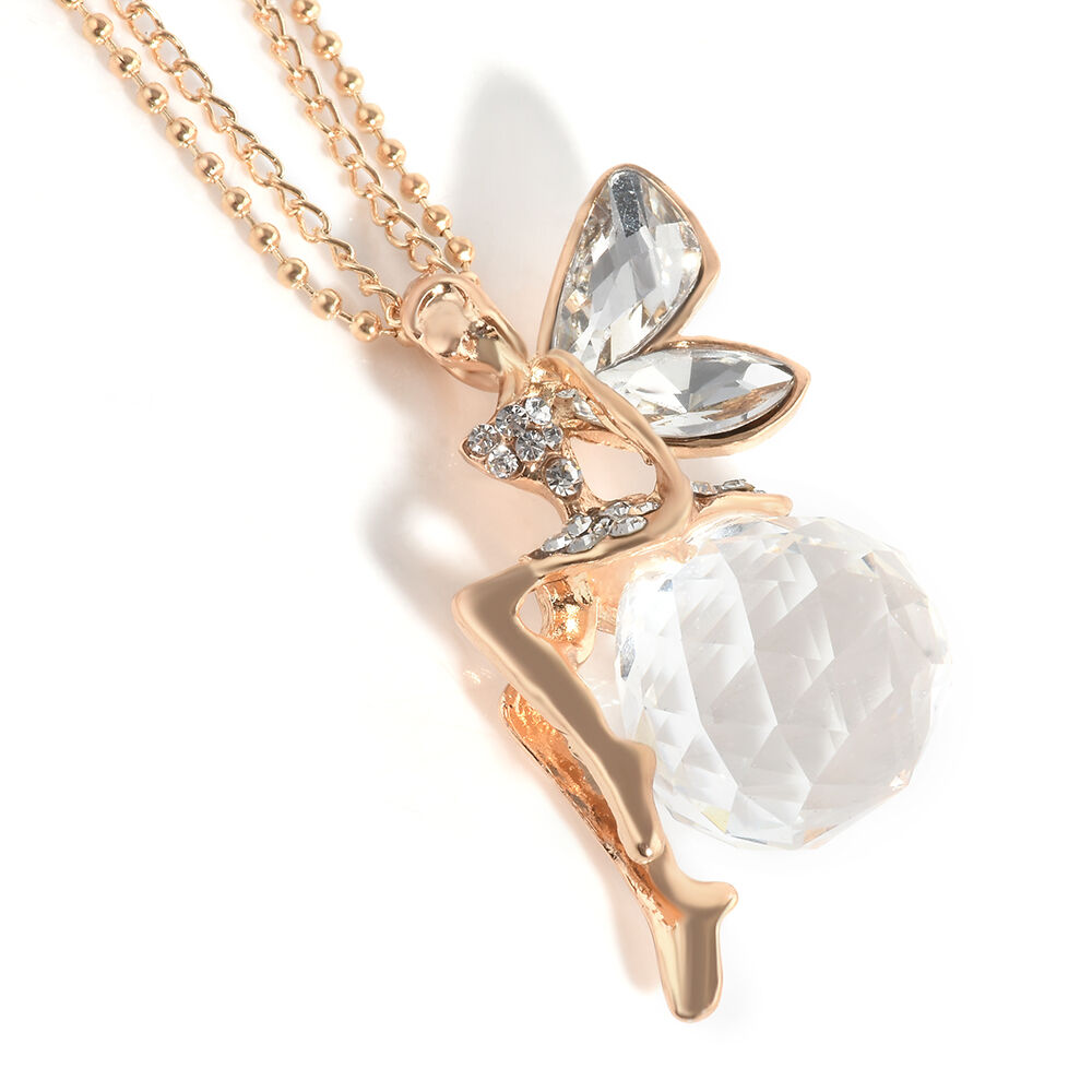Fashion Women Fairy Angel Wing Crystal Pendant Long Chain Sweater Necklace Gift
