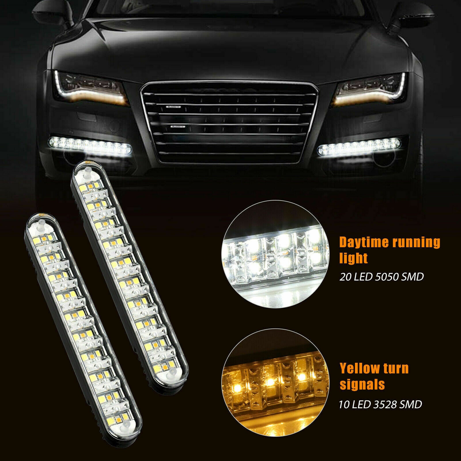 2x 30-LED Daytime Running Light Car Driving DRL Turn Signal Fog Lamp White Amber