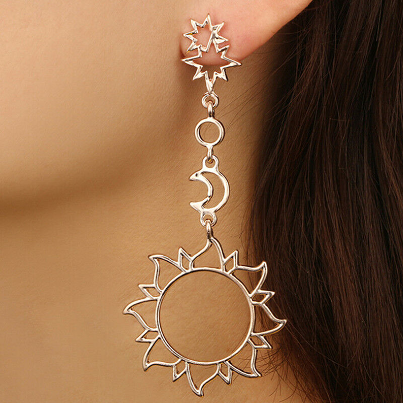 Women Boho Asymmetrical Star Sun Moon Drop Dangle Stud Earrings Jewelry Gift  Qx