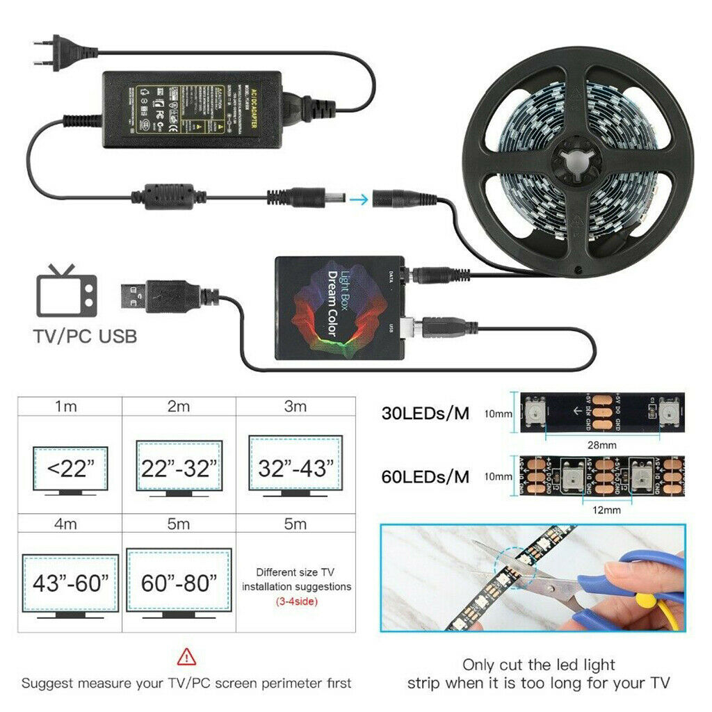 RGB 5050 LED Strip Lights with 5V Power Supply for Bedroom TV Ornaments 1m