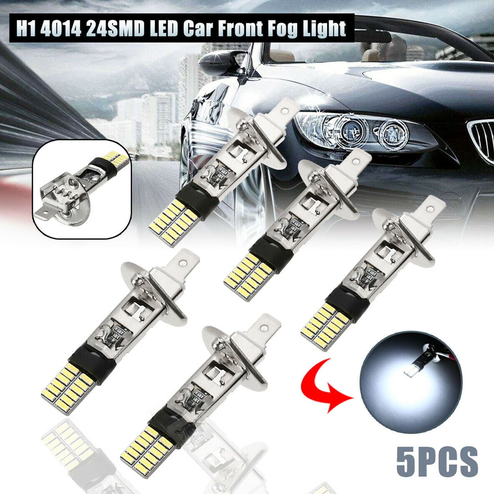 5X H1 24-SMD 4014 LED Car Front Fog Light Bulb Driving Lamp DRL White Globe