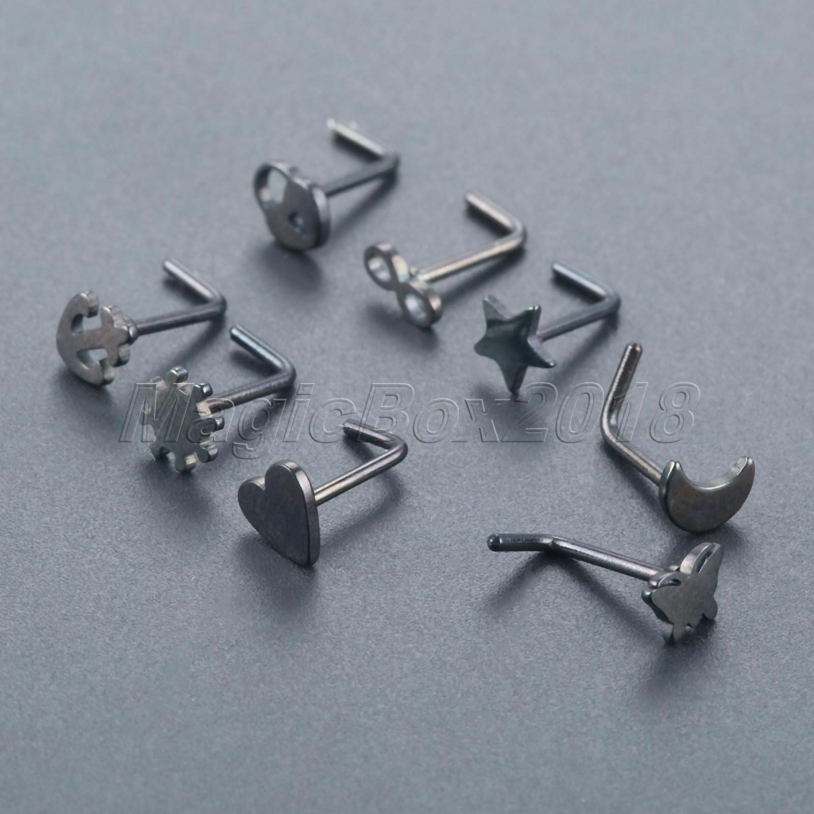 Stainless Steel L-Shape Nose Screw Nail Piercing Anchor Moon Star Heart Black