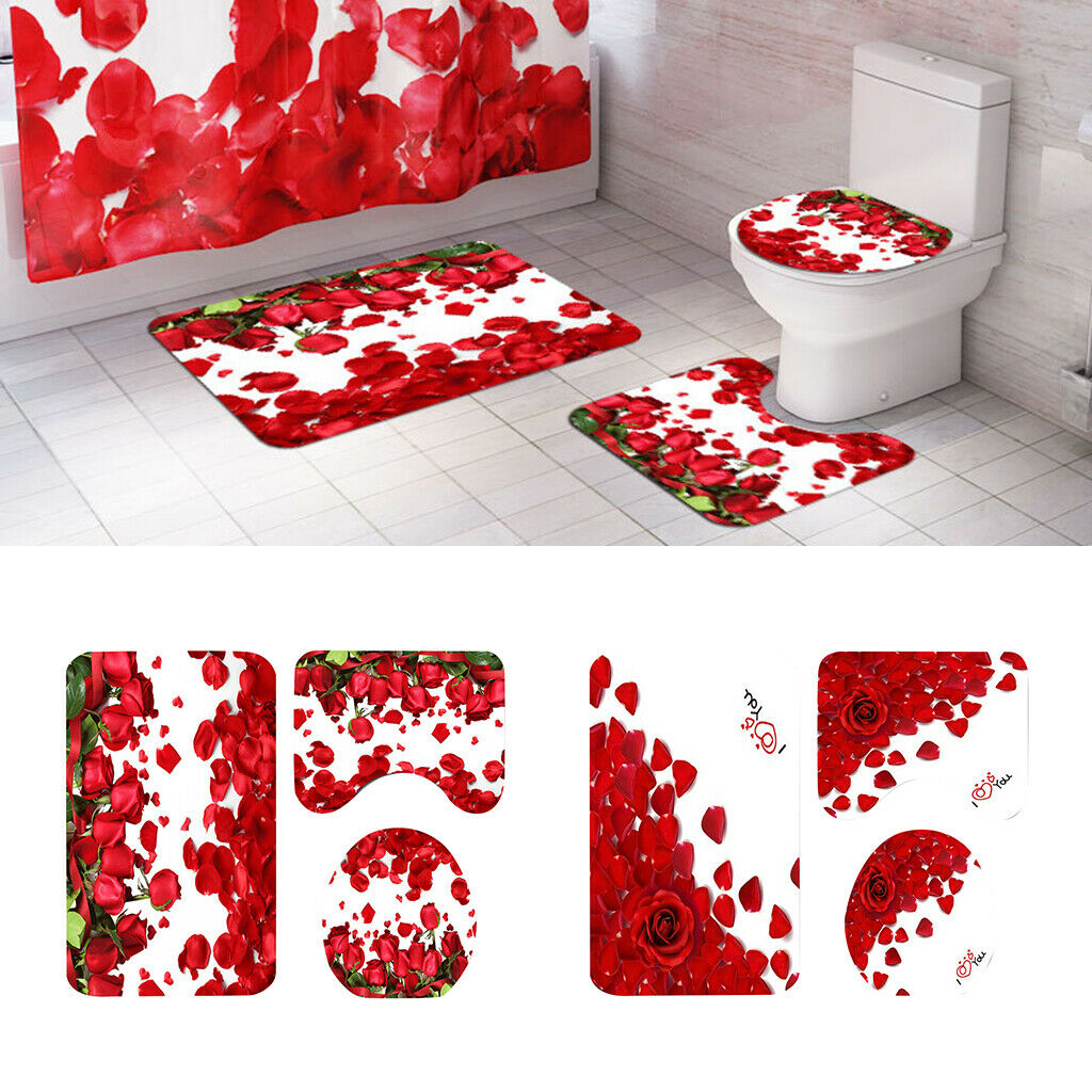 2Set 3Pcs Red Rose Pattern Toilet Lid Cover Bath Rug Set Shower Ensemble