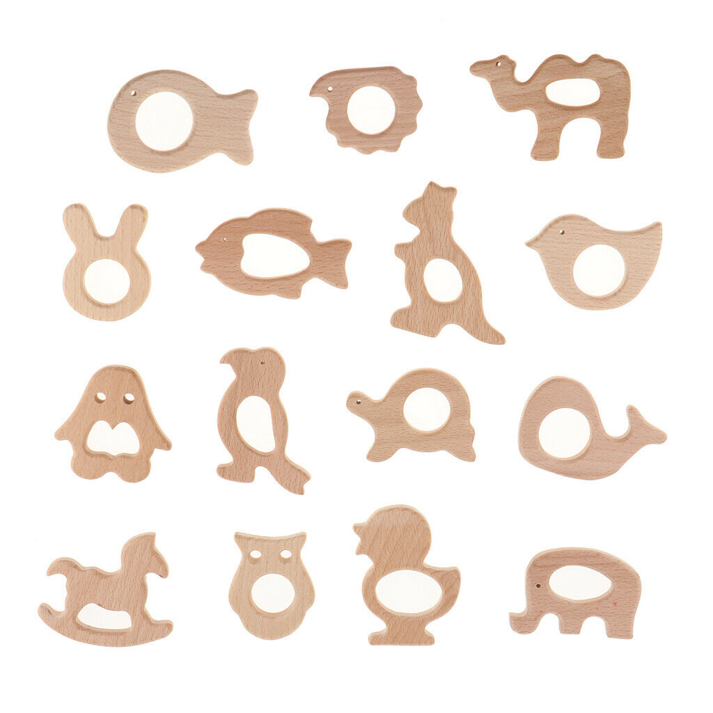 15pcs Wooden Animal Shape Teether for Baby Teething Toys Chew Nursing Gifts