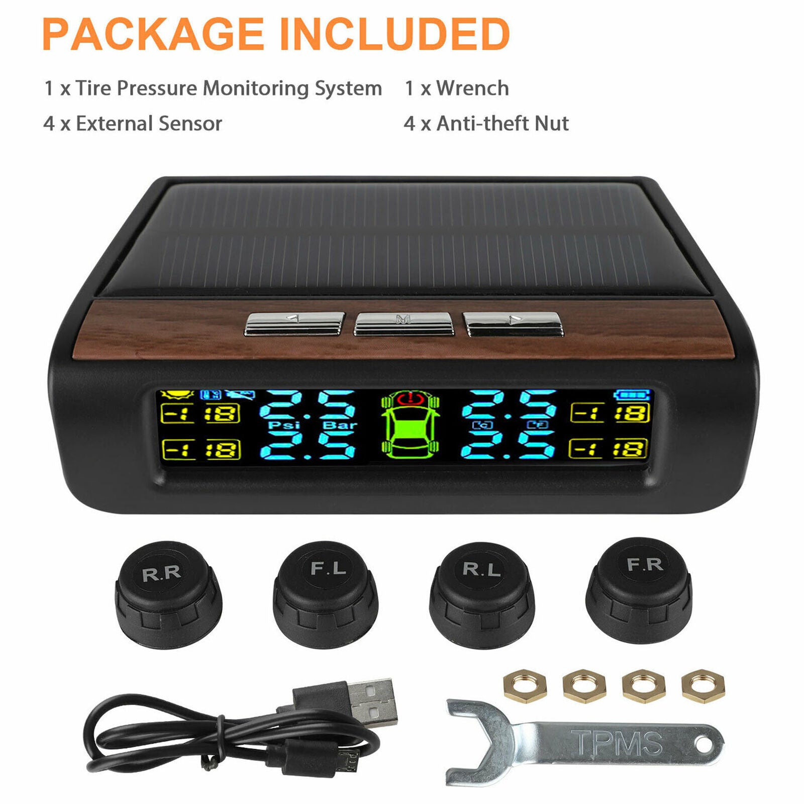 Solar TPMS Wireless Auto Car Tire Pressure LCD Monitoring System W/ 4 External