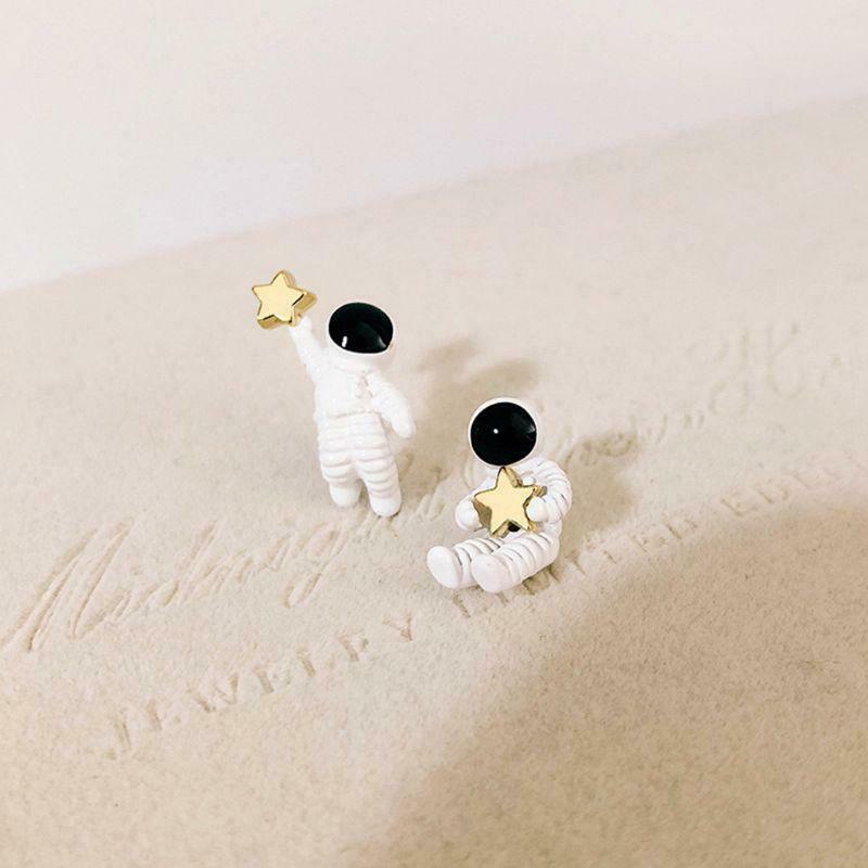 Cute Starry Sky Star Space Asymmetrical Astronaut Small Stud Earrings for Women