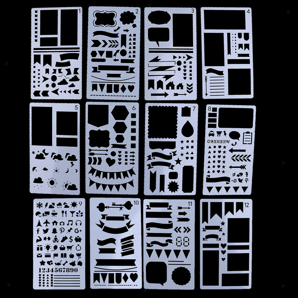 12x Journal Stencil Plastic Drawing Template Stencils for DIY Planner Diary