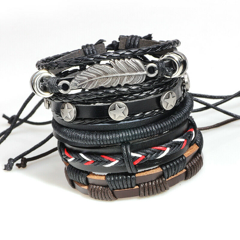 5pcs Multilayer Leather Leaf Owl Bracelet Men Women Wristband Bangle Cuff New HN