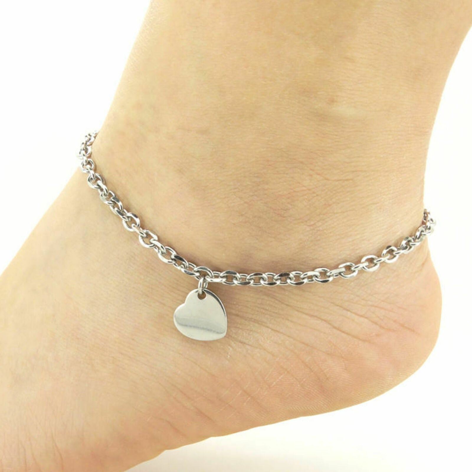 Women Ankle Bracelet Stainless Steel Anklets Heart Charm 9-11 Inches