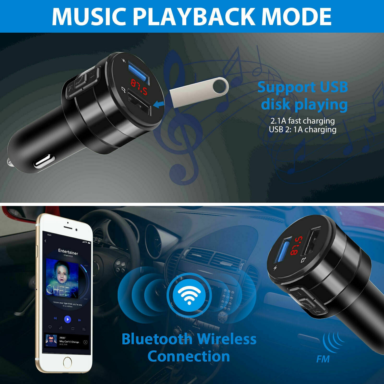 Bluetooth 5.0 Wireless Car FM Transmitter Music MP3 AUX Radio 2 USB Charger LED