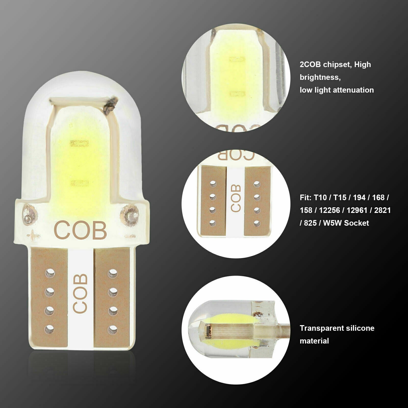 20x Super White T10 194 168 W5W COB LED Dome License Plate Interior Light Blubs