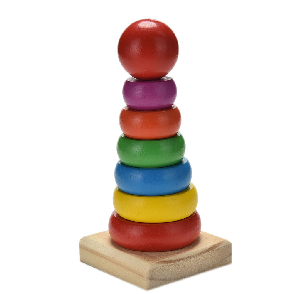 Rainbow Tower Ring Wooden Stacking Stack Up Kid Baby Educational Toy_DD