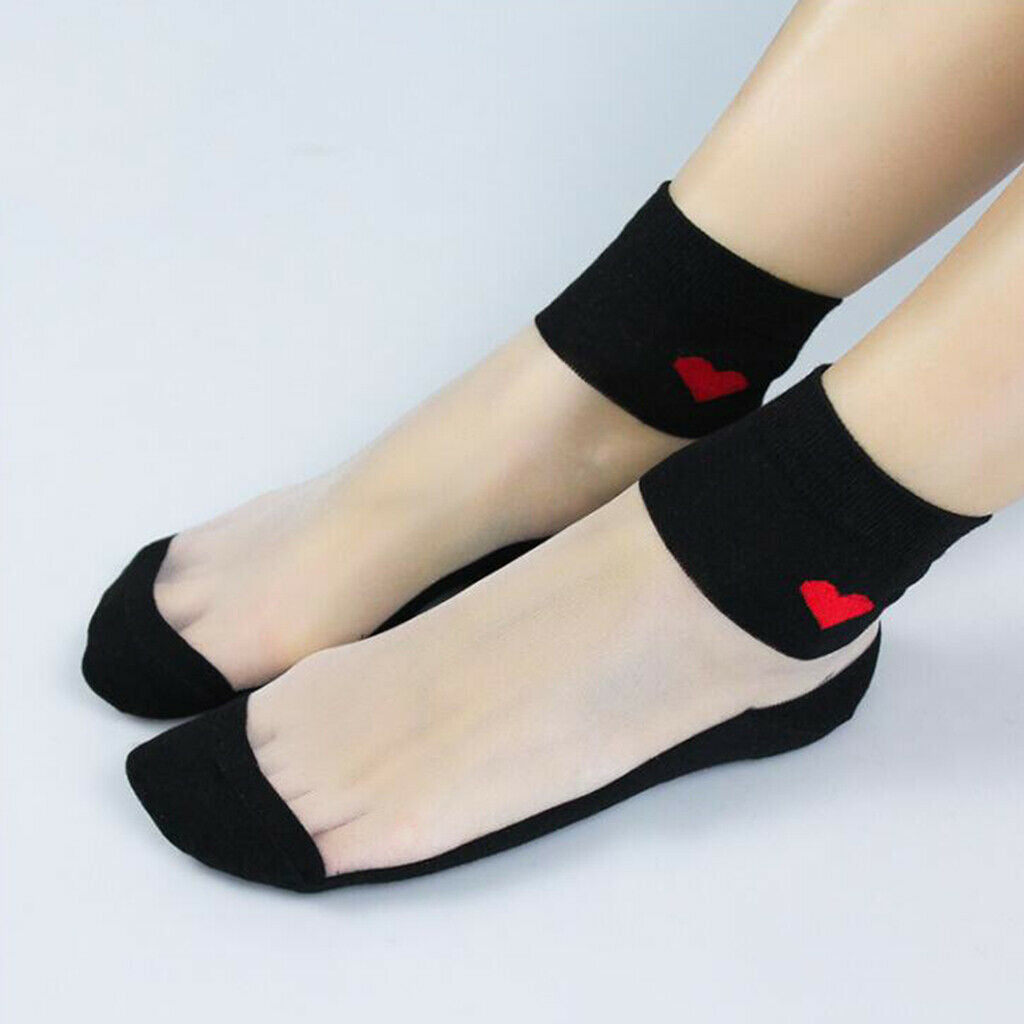 Women Ankle Socks Ultrathin Transparent Crystal Lace Sheer Socks Heart White
